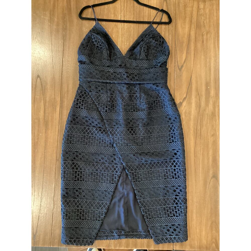 Nicholas Navy eyelet Lace Pattern Knee-Length V cut slit strappy midi Dress 10
